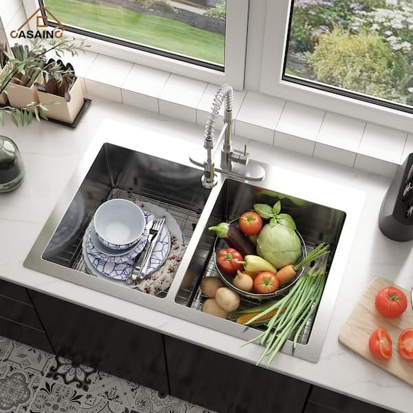 33 in. Drop-In Double Bowl 18 Gauge Brushed Stainless Steel Kitchen Sink with Bottom Grid and Basket Strainer