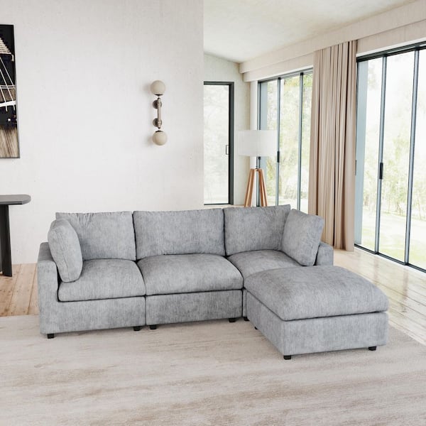 Minimalist 101 in. Square Arm Chenille Modular L-Shaped Sofa Cloud Couch with Removable Covers for Apartment in. Gray