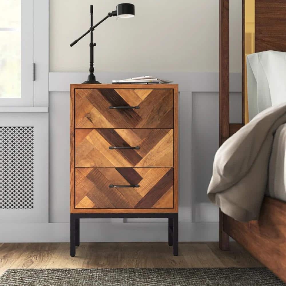 Benton Natural Oak Wood Chevron Pattern 3-Drawer Nightstand