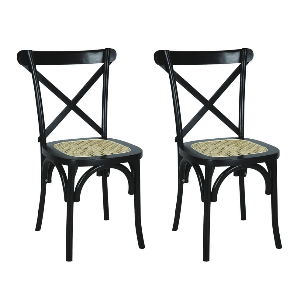 Black High Cross Back Rattan Cane Side Chair Set