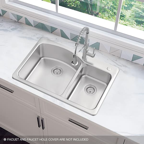 Pro 33 in. Drop-In / Under Mount Double Bowl 18 Gauge Stainless Steel Kitchen Sink with Stainers