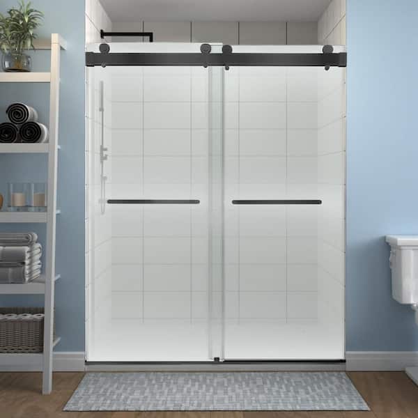 ANGELES HOME 46 in.-48 in. W x 76 in. H Double Sliding Frameless Soft Close Shower Door in Matte Black,3/8 in. (10 mm)Tempered Glass