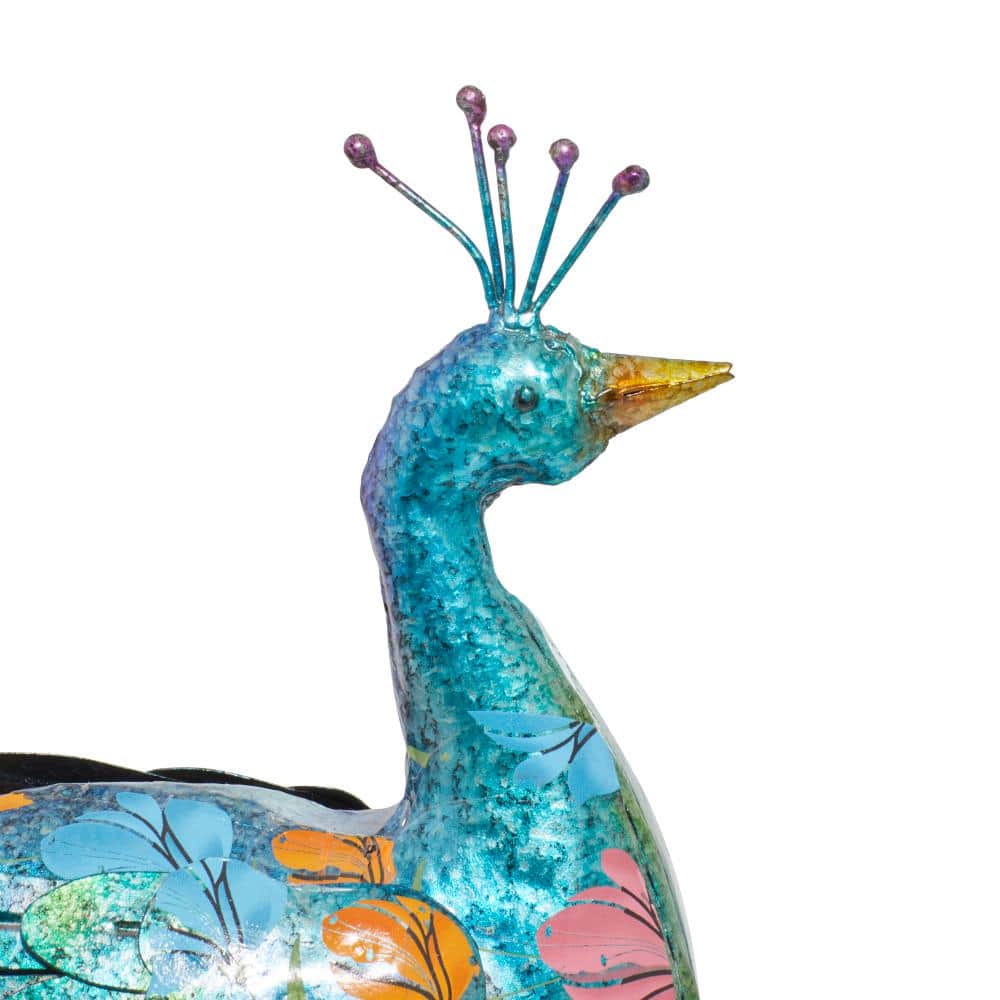 Teal and Blue Metal Peacock Garden Sculpture with Crystal Accents