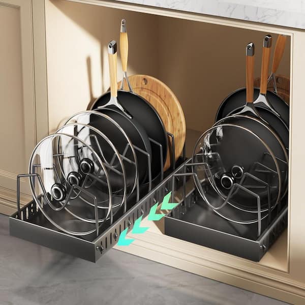 Black Pull Out Pots and Pans Organizer Drawer Organizer with Sliding Lid Holder Pan Rack 8 Adjustable Dividers 2 Pack