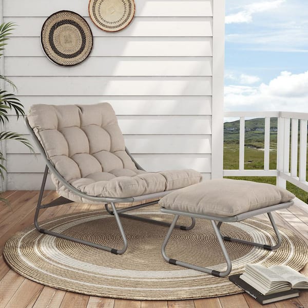 Upland Outdoor Lounge Chair with Foot Stool, Comfy Sling Recliner Chair with Puffy Cushion and Foot Rest, Champagne Gray