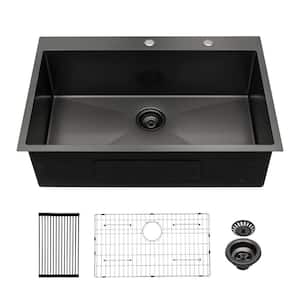 Black 16 Gauge Stainless Steel 30 in. Single Bowl Undermount Workstation Kitchen Sink with Bottom Grid
