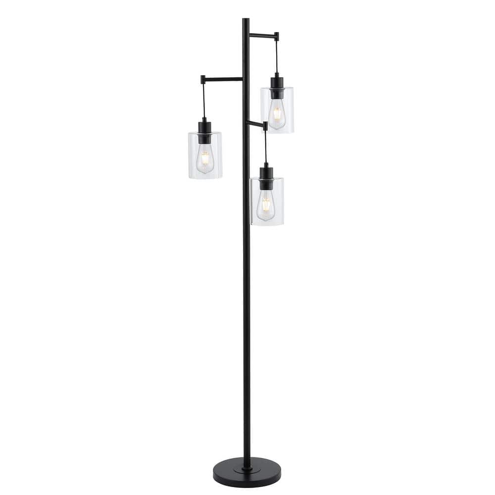Industrial 69" Matte Black 3-Light Tree Floor Lamp with Glass Shades