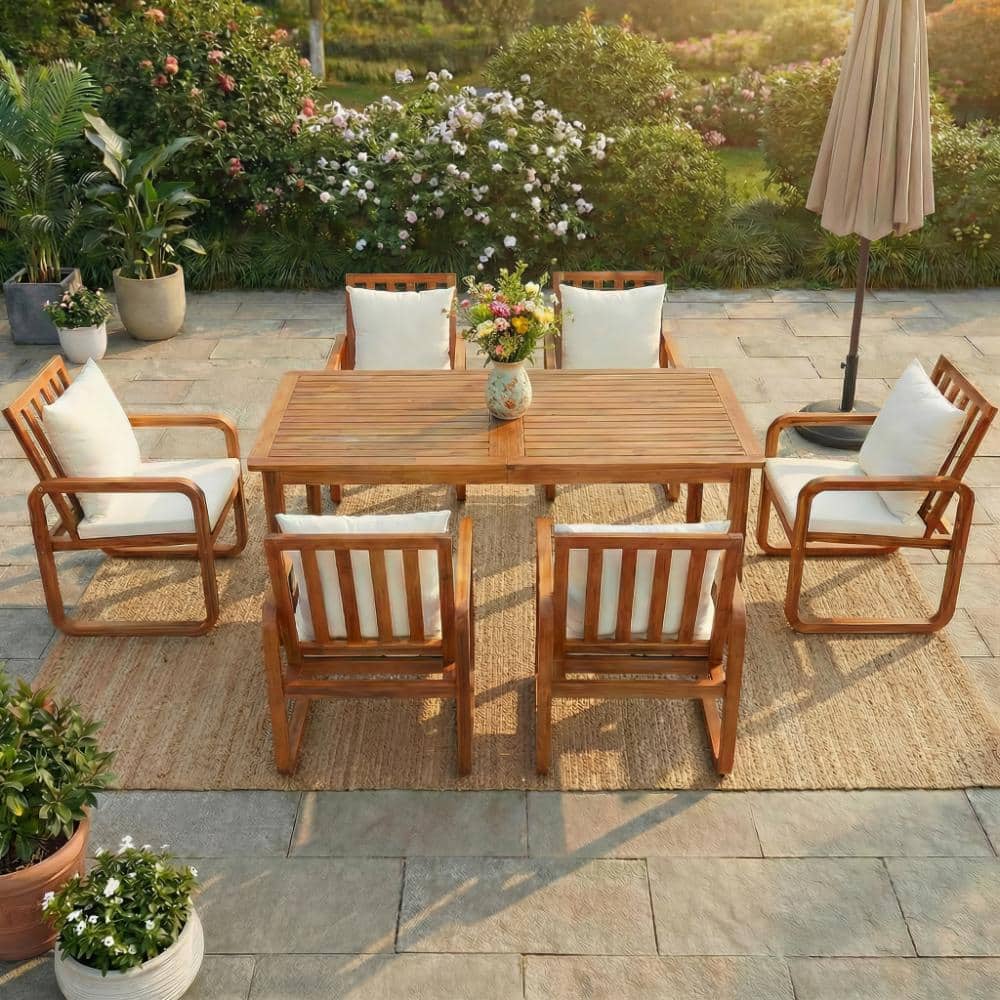 7-Piece Acacia Wood Outdoor Patio Dining Set with Table, Chairs & Removable Cushions, Beige price history on PriceWatchPro