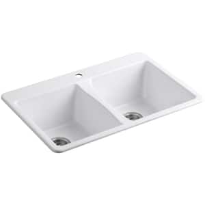 Deerfield Drop-In Cast Iron 33 in. 1-Hole Double Bowl Kitchen Sink in White