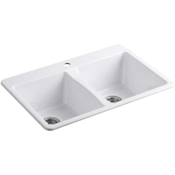 KOHLER Deerfield Drop-In Cast Iron 33 in. 1-Hole Double Bowl Kitchen Sink in White