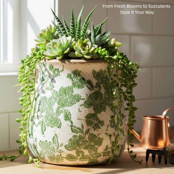 Vintage Floral Series 6.5 in. in Green Ceramic Round Decorative