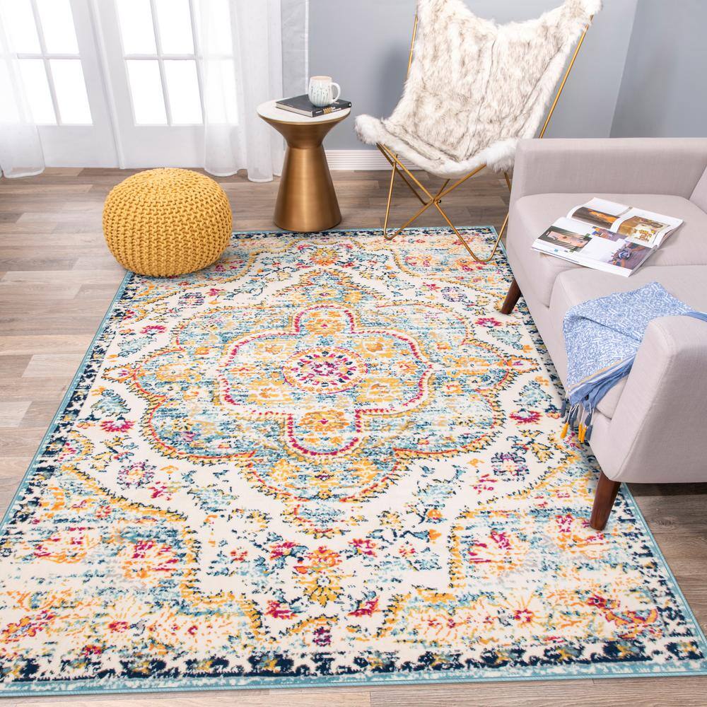Blue Distressed Bohemian Floral 3'3" x 5' Area Rug