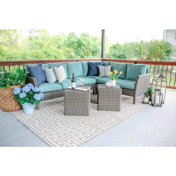 Leisure Made Canton 6-Piece Wicker Outdoor Sectional Seating Set with Spa Blue Polyester Cushions