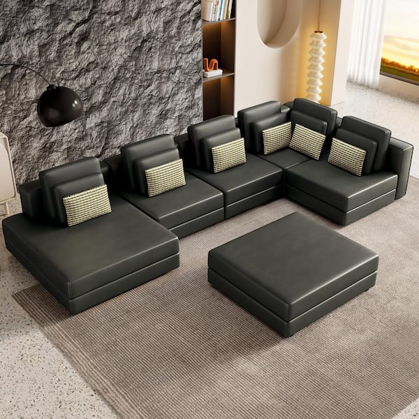 Magic Home 112 in. Armless Modular Palomino Fabric Sectional Sofa Corner Sofa Chaise Lounge with Movable Ottoman in Black