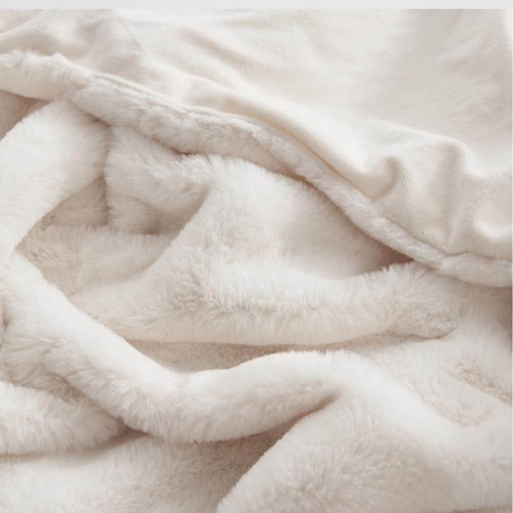 Ivory Faux Rabbit Fur Reversible Throw Blanket 50" x 70"
