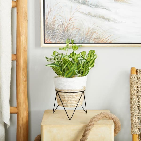 16 in. H Sanchezia Artificial Plant with Realistic Leaves and Rattan Pot and Black Stand