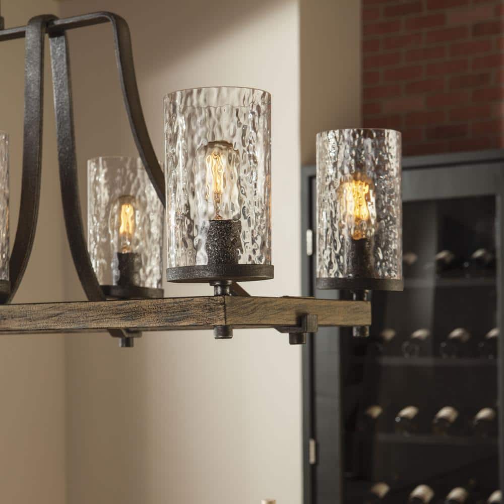 Rustic 8-Light Linear Chandelier in Distressed Weathered Oak and Slate Grey Metal