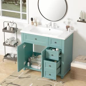 36 in. W x 18 in. D x 33 in. H Single Sink Freestanding Bath Vanity in Blue-Green w/White Resin Top, 2-Drawers and Doors