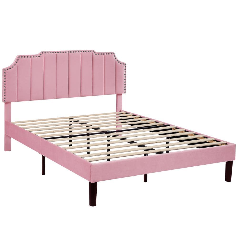 VECELO Upholstered Bed Pink Metal Frame Full Platform Bed with Tufted ...