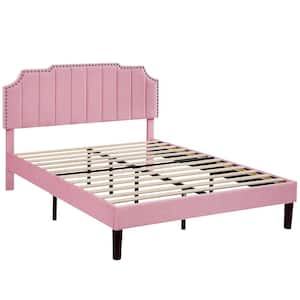 Upholstered Bed Pink Metal Frame Full Platform Bed with Tufted Adjustable Headboard, Wood Slat Support