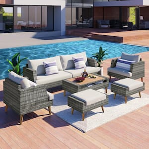 Gray 6-Piece Wicker Patio Conversation Set with Tea Table and Beige Cushions