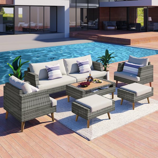 Nestfair Gray 6-Piece Wicker Patio Conversation Set with Tea Table and Beige Cushions