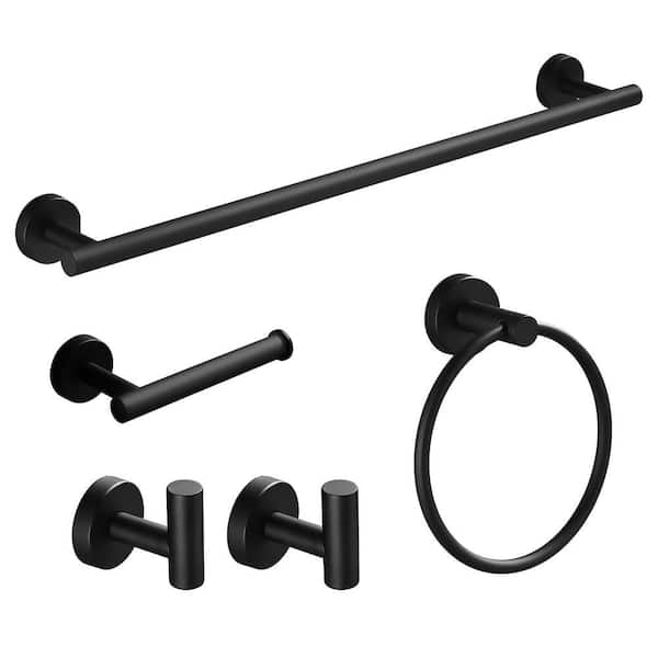 5-Piece Bath Hardware Set with Towel Ring Toilet Paper Holder Towel Hook and Towel Bar in Matte Black