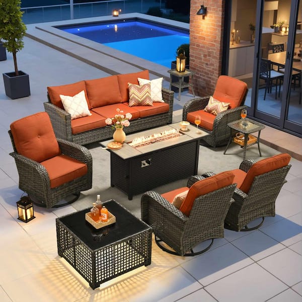 Onyx 9 Pieces Wicker Outdoor Patio Rectangular Fire Pit Set and Swivel Rocking Chairs with Orange Red Cushions