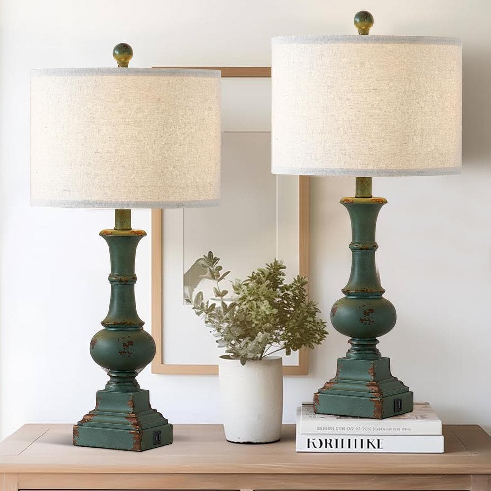 Distressed Dark Green 25.5'' Touch Table Lamps Set with Fabric Shades