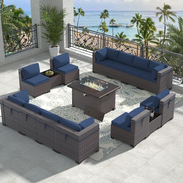 Halmuz 15-Piece Wicker Patio Conversation Set with 55000 BTU Gas Fire Pit Table and Glass Coffee Table and Cushions Navy Blue