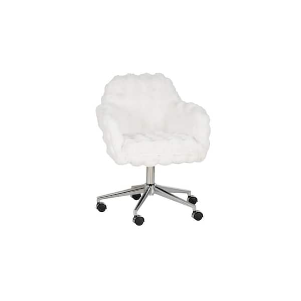 Linon Home Decor Frannie Faux Fur Fabric Seat Swivel Adjustable Height Desk Office Task Chair in White with Non-Adjustable Arms