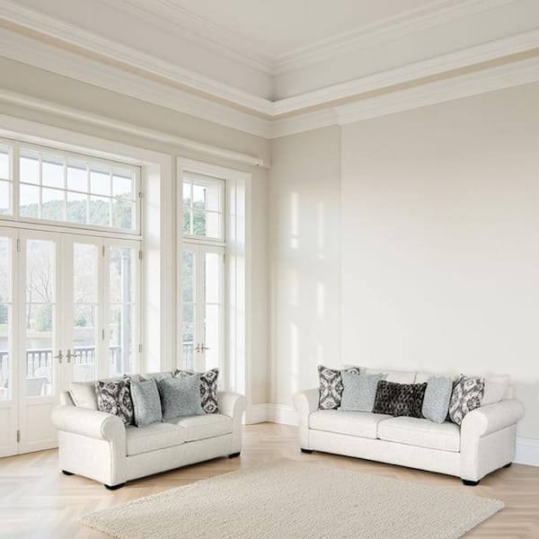 Berrie 71.5 in. Rolled Arm Polyester Rectangle Shape with 9 Accent Pillow Sofa in. White and Black (Set of 2)