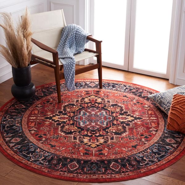 Riviera Red/Blue 7 ft. x 7 ft. Machine Washable Medallion Border Geometric Round Area Rug