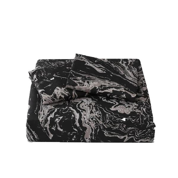 HomeRoots Black Gray Striped King Microfiber Duvet Cover Set