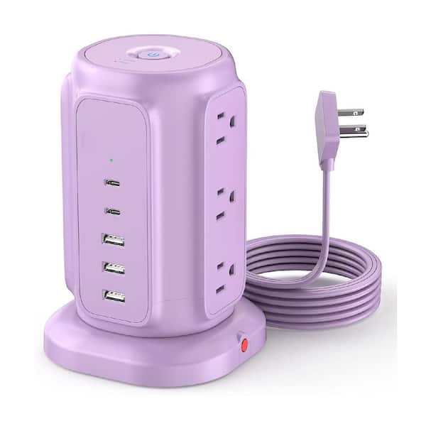 Lukyamzn 9-Outlet Power Strip Tower Surge Protector with 6.5 ft. Flat Plug Extension Cord, 3 USB-A & 2 USB-C Ports, Purple