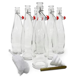 6 Pack 33 oz. Glass Bottles with Swing Top Stoppers, Bottle Brush, Funnel, and Gold Glass Marker - Teardrop Design