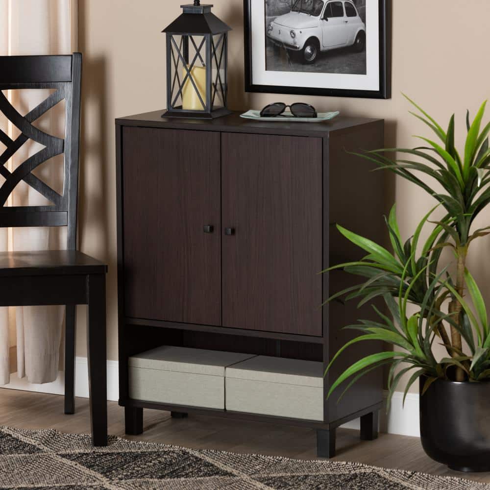 Rossin Dark Brown Wood 2-Door Entryway Shoe Cabinet with Open Shelf