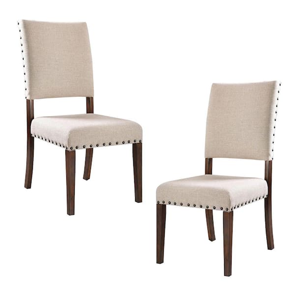 Benjara Beige and Brown Fabric Upholstered Solid Wood Side Chair (Set ...
