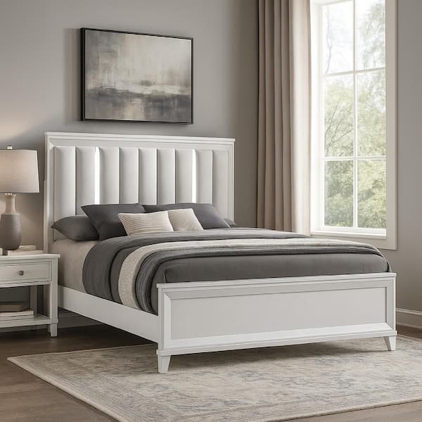 Ressy White Wood Frame King Platform Bed with LED and Channel Tufted Upholstery