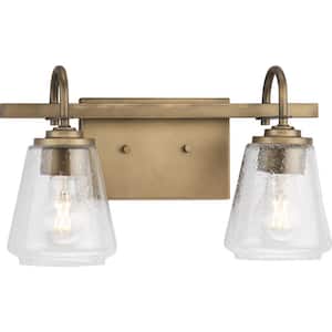 Martenne 14 in. 2-Light Aged Bronze Vanity Light with Seeded Glass Shade
