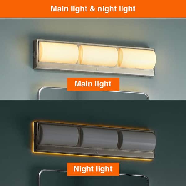 Bingham 24 in. 3-Light Brushed Nickel LED 5CCT Vanity Light with Frosted Acrylic Shade and Sensor Operated Night Light
