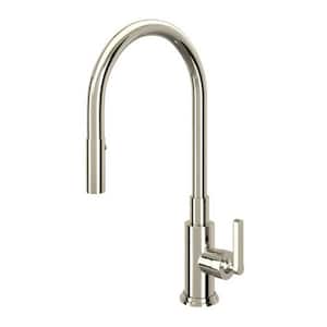 Lombardia Single Handle Pull Down Sprayer Kitchen Faucet with Secure Docking, Gooseneck in Polished Nickel