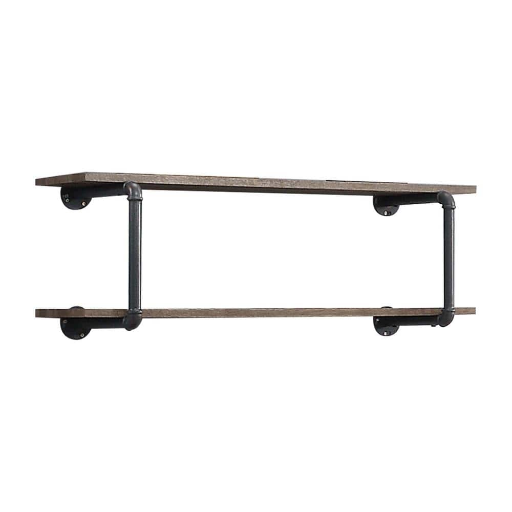 Urbanne Industrial Aged 2-Tiered Wood Print MDF and Metal Pipe Floating Wal