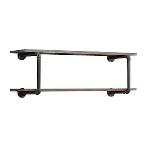 Urbanne Industrial Aged 2-Tiered Wood Print MDF and Metal Pipe Floating Wall Shelf, Gray Corner Moulding