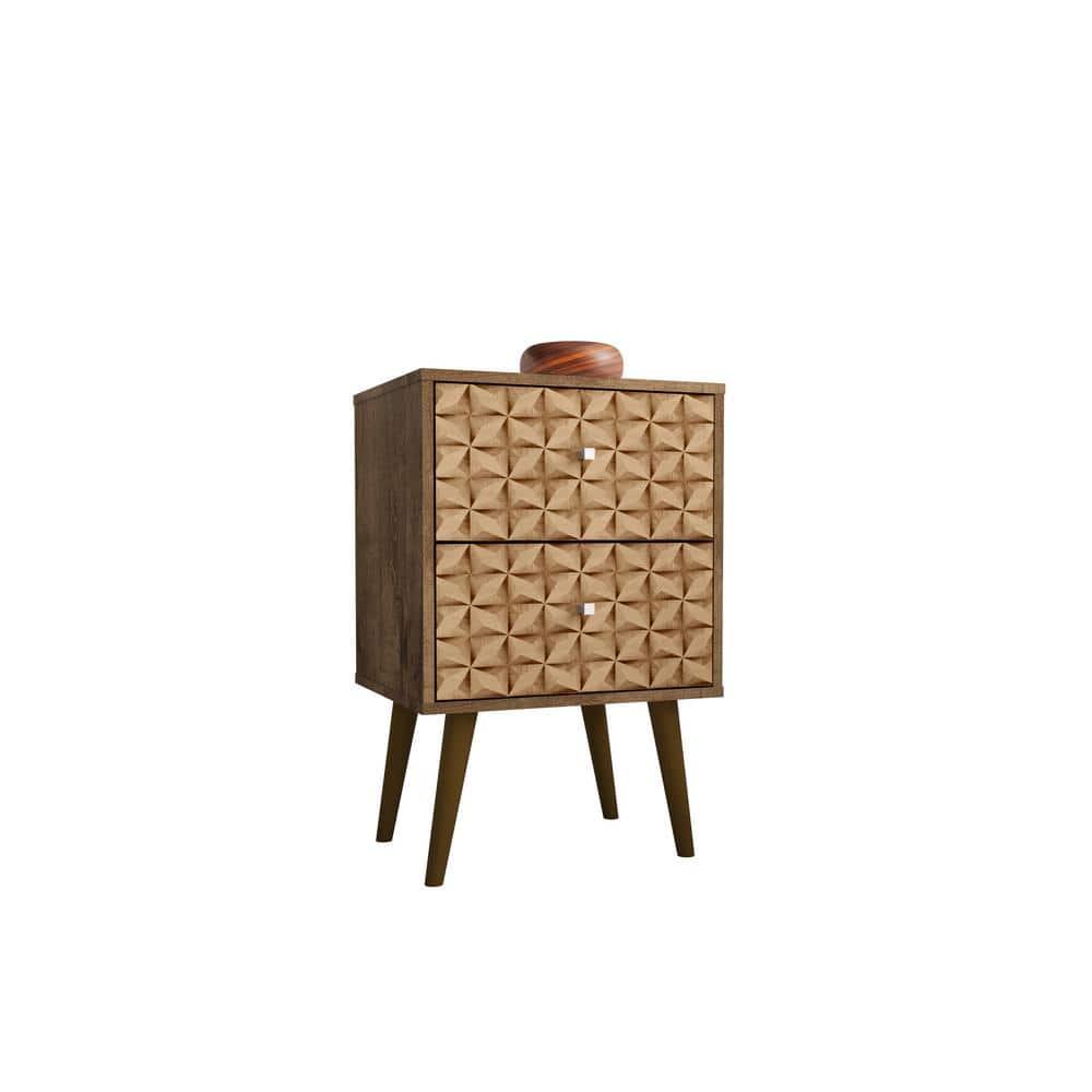 Rustic Brown & 3D Prints Mid-Century Modern 2-Drawer Nightstand