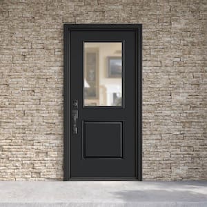 Performance Door System 36 in. x 80 in. 1/2 Lite Clear Right-Hand Inswing Black Smooth Fiberglass Prehung Front Door