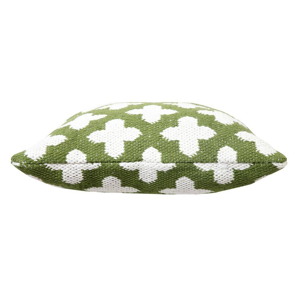 Green and White Woven Geometric Cotton Throw Pillow, 20" Square