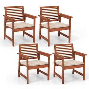 Wood Outdoor Lounge Chair Weather-resistant Slatted Armchairs w/Removable Off White Cushions (Set of 4)