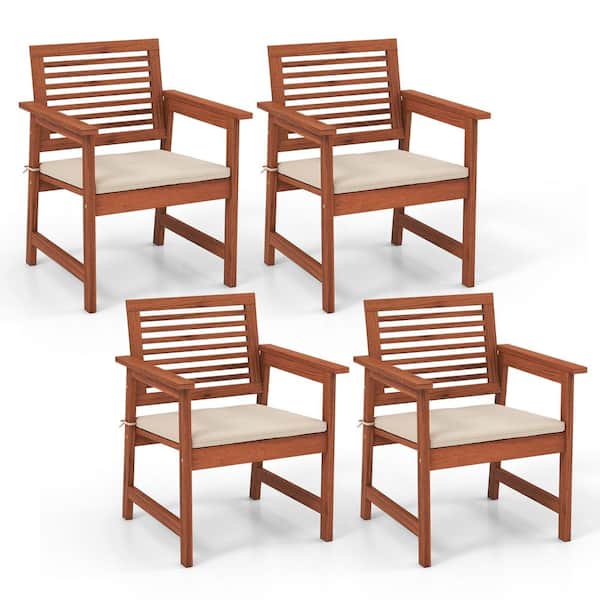 HONEY JOY Wood Outdoor Lounge Chair Weather-resistant Slatted Armchairs w/Removable Off White Cushions (Set of 4)