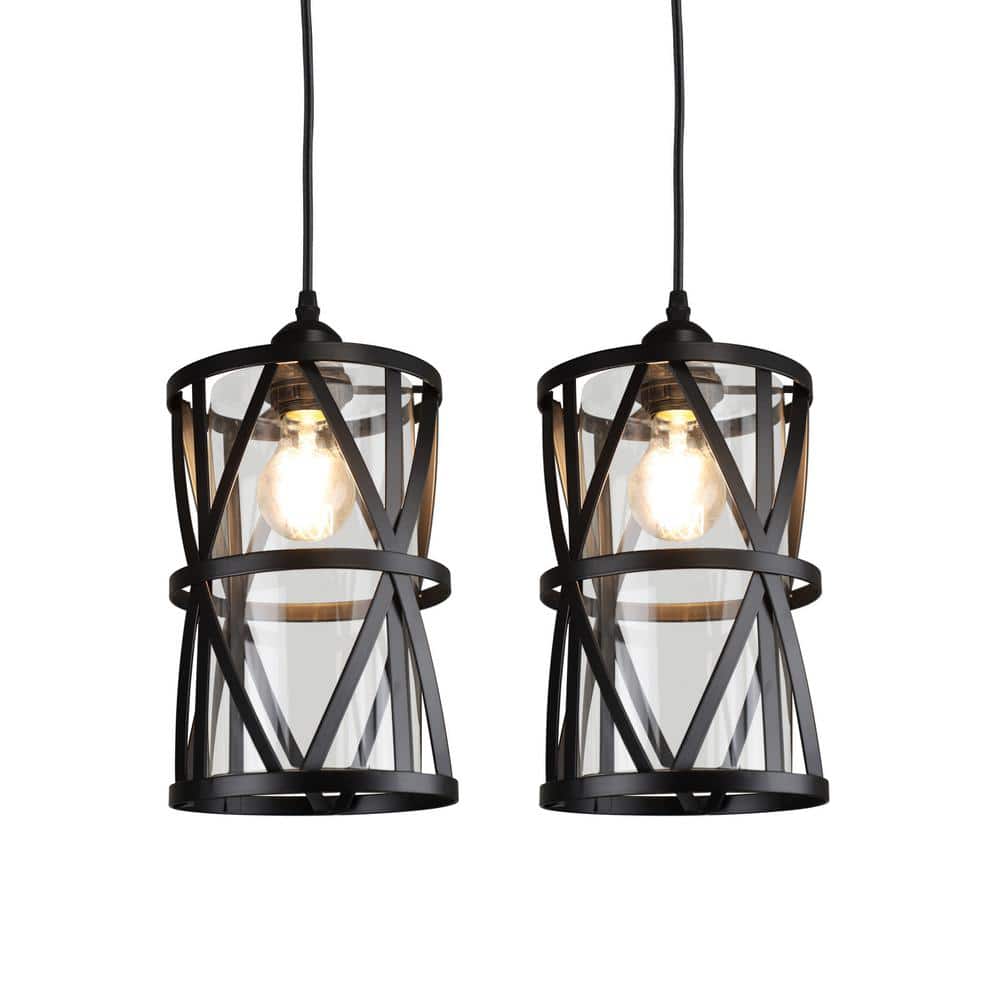 Depuley 2 Pack Industrial Black Metal Cage Glass Pendant Light for